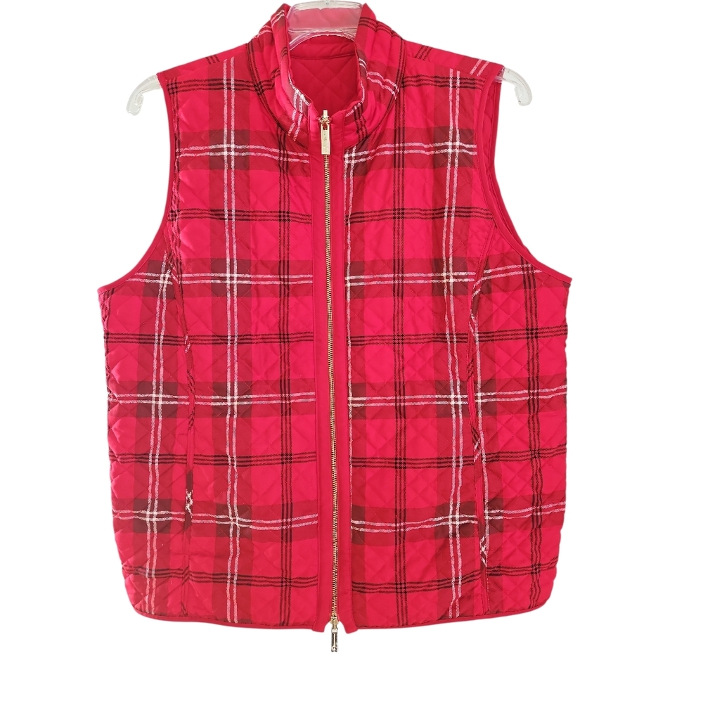 Chico’s Reversible Vest Quilted Red/Plaid Size 4 / XXL / 20 Full Zip Pockets